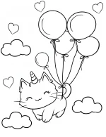 Cat Unicorn with Balloons and Clouds Coloring Page