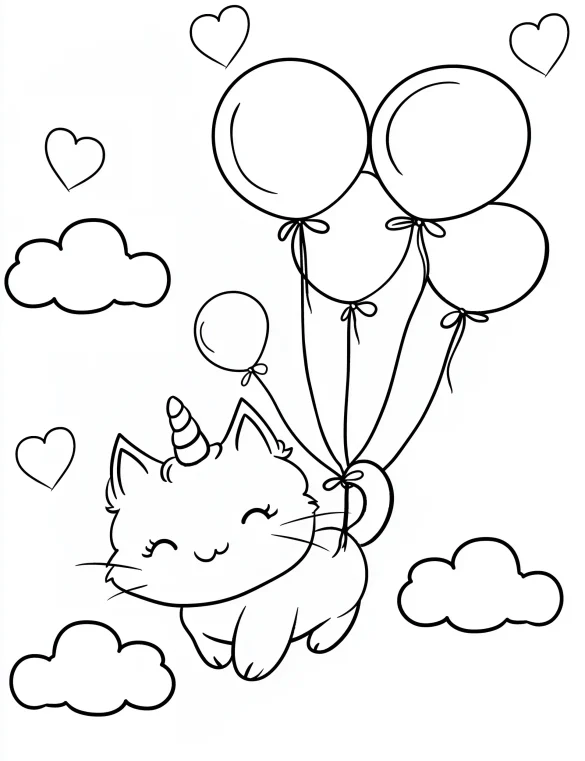 Cat Unicorn with Balloons and Clouds Coloring Page