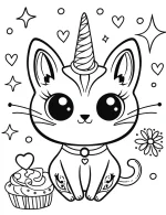 Cat Unicorn with Cupcake and Hearts Coloring Page