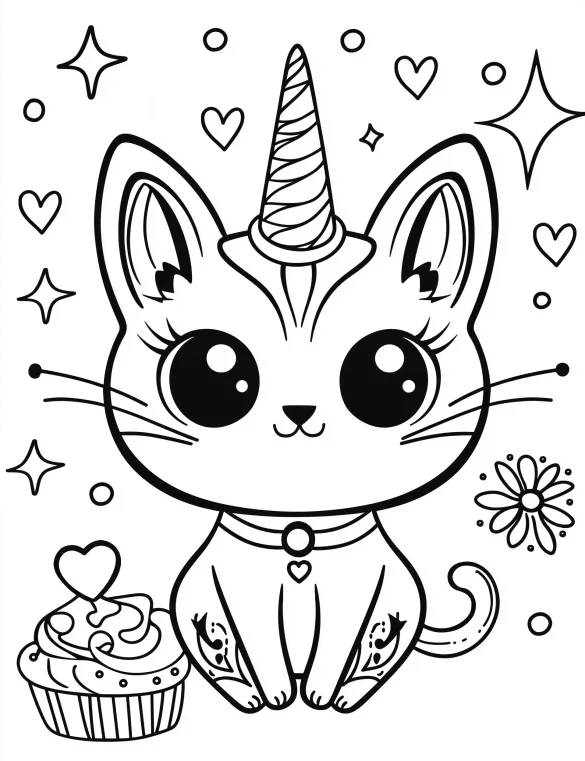 Cat Unicorn with Cupcake and Hearts Coloring Page