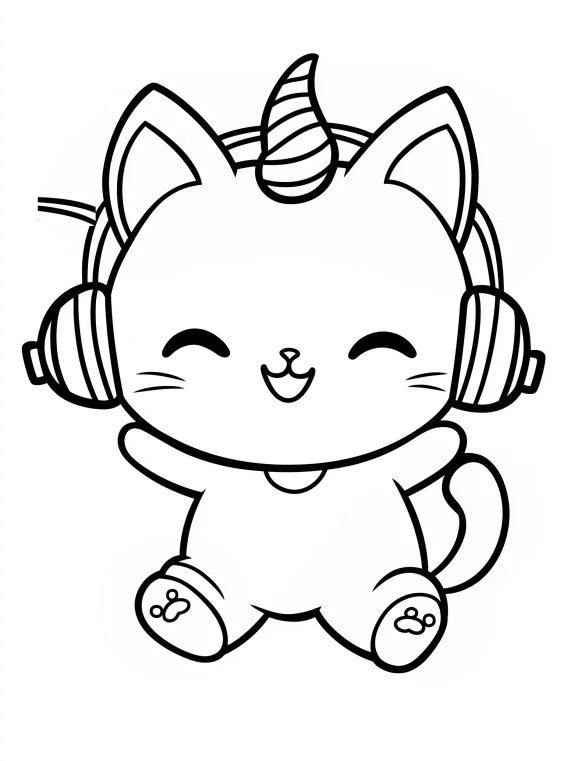 Cat Unicorn with Headphones Coloring Page
