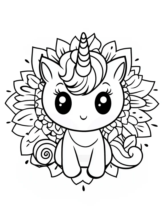 Cat Unicorn with Mandala and Sunflower Designs Coloring Page