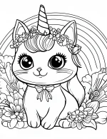 Cat Unicorn with Rainbow and Flower Crown Coloring Page