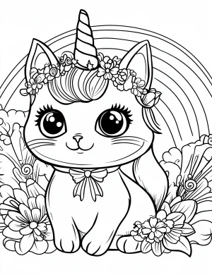 Cat Unicorn with Rainbow and Flower Crown Coloring Page
