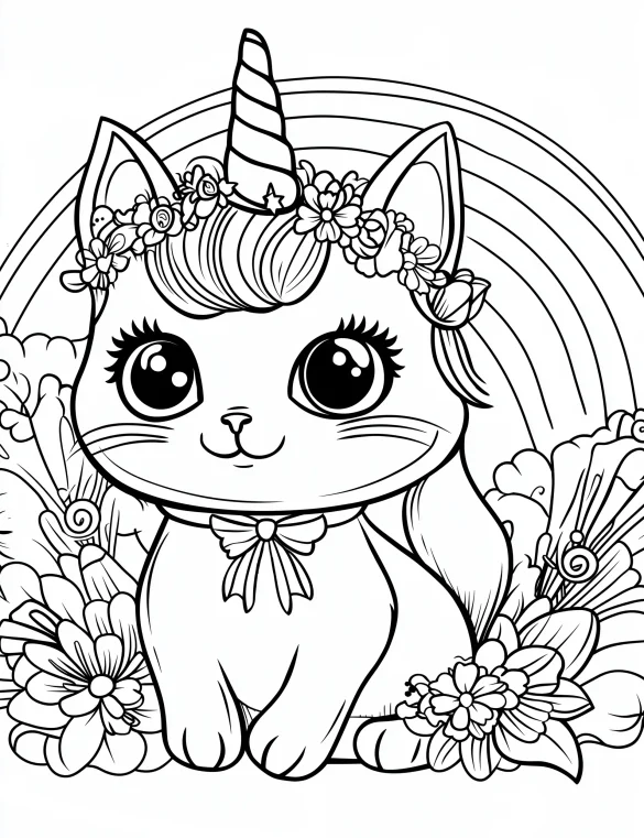 Cat Unicorn with Rainbow and Flower Crown Coloring Page