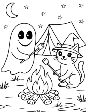 Cat and Ghost Camping Halloween Coloring Page by Mindset Flow