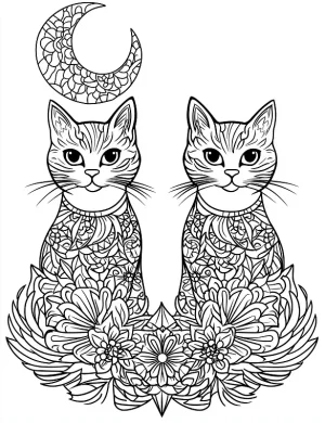 Cats and Moon Mandala Halloween Coloring Page by Mindset Flow