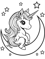 Celestial Unicorn Sitting on Moon with Stars and Flower Accent Coloring Page