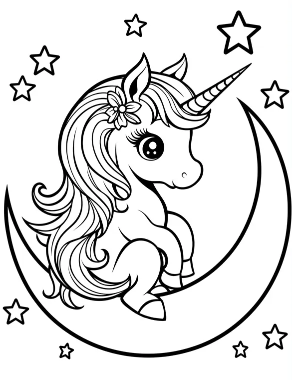 Celestial Unicorn Sitting on Moon with Stars and Flower Accent Coloring Page