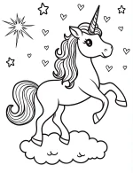 Celestial Unicorn on Cloud with Stars and Hearts Coloring Page