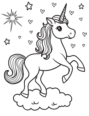 Celestial Unicorn on Cloud with Stars and Hearts Coloring Page
