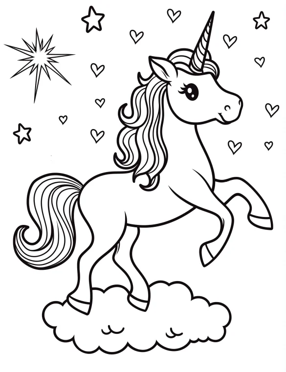 Celestial Unicorn on Cloud with Stars and Hearts Coloring Page