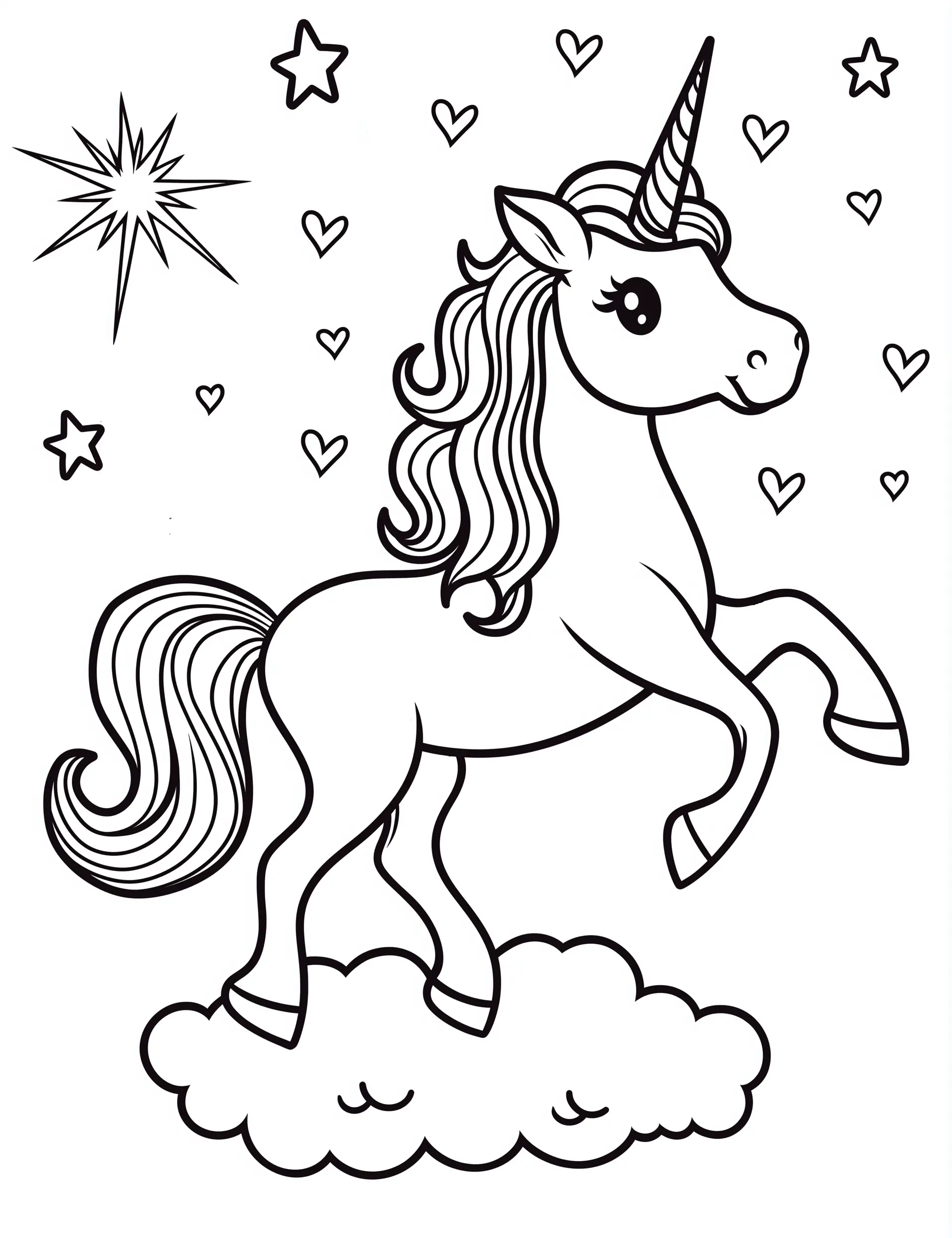 Celestial Unicorn on Cloud with Stars and Hearts Coloring Page