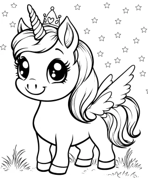 Celestial Unicorn with Wings and Crown Coloring Page