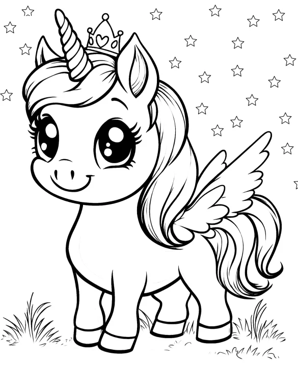 Celestial Unicorn with Wings and Crown Coloring Page