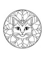 Centered Cat Face Mandala With Leaf Petal Symmetry Circle Coloring Page by Mindset Flow