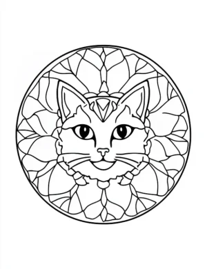 Centered Cat Face Mandala With Leaf Petal Symmetry Circle Coloring Page by Mindset Flow