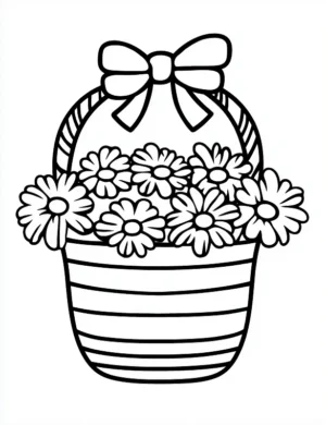 Charming Basket of Flowers with Bow Spring Coloring Page by Mindset Flow