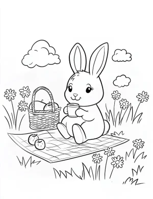 Charming Bunny Picnic with Basket Coloring Page By Mindset Flow