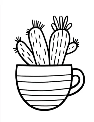 Charming Cactus Cluster in Teacup Planter Flower Coloring Page by Mindset Flow