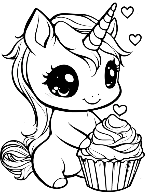 Charming Cartoon Unicorn with Cupcake and Hearts Coloring Page
