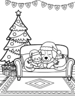 Charming Cat and Dog Cozy Christmas Coloring Page