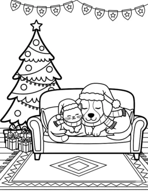 Charming Cat and Dog Cozy Christmas Coloring Page
