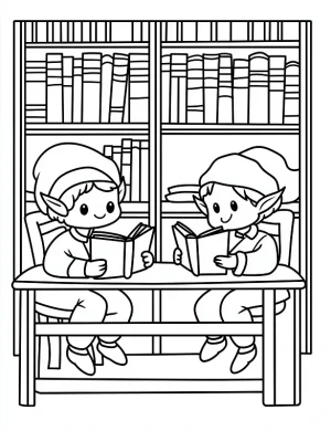 Charming Elves Reading in the Library Coloring Page by Mindset Flow