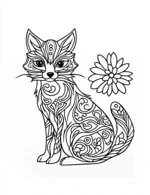 Charming Fox with Decorative Swirl Mandala Fur and Bold Bloom Flower Coloring Page by Mindset Flow