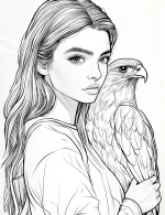 Charming Girl With Hawk and Flowing Hair Adult Coloring Page By Mindset Flow