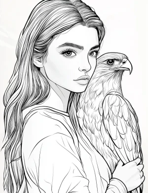 Charming Girl With Hawk and Flowing Hair Adult Coloring Page By Mindset Flow