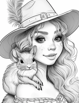 Charming Girl With Rabbit And Feathered Hat Adult Coloring Page By Mindset Flow