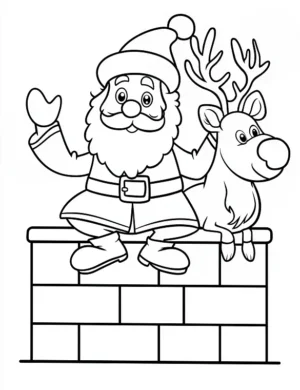 Charming Santa and Reindeer on Chimney Coloring Page By Mindset Flow