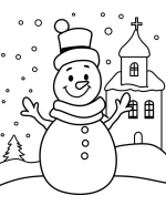 Charming Snowman Near Church Coloring Page by Mindset Flow