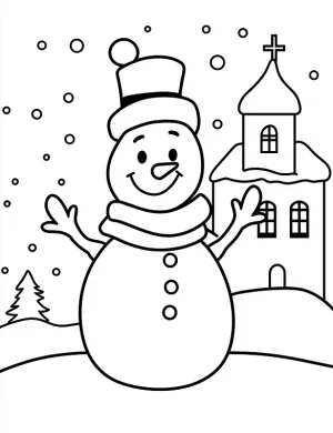 Charming Snowman Near Church Coloring Page by Mindset Flow