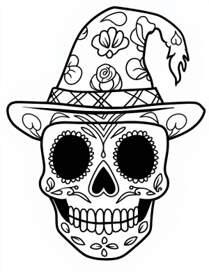Charming Sugar Skull With Witch Hat Halloween Coloring Page by Mindset Flow