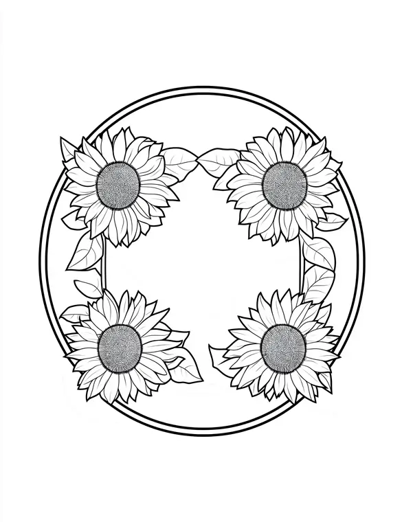 Charming Sunflower Surround Floral Frame Coloring Page