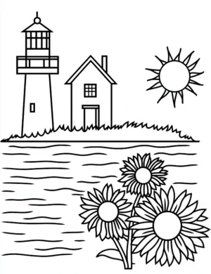 Charming Sunflowers By The Lighthouse Flower Coloring Page By Mindset Flow