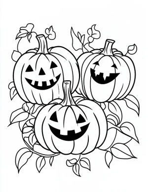 Charming Three Jack O Lantern Pumpkins with Leaves Coloring Page by Mindset Flow