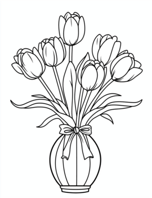 Charming Tulips Bouquet in Vase Flower Coloring Page