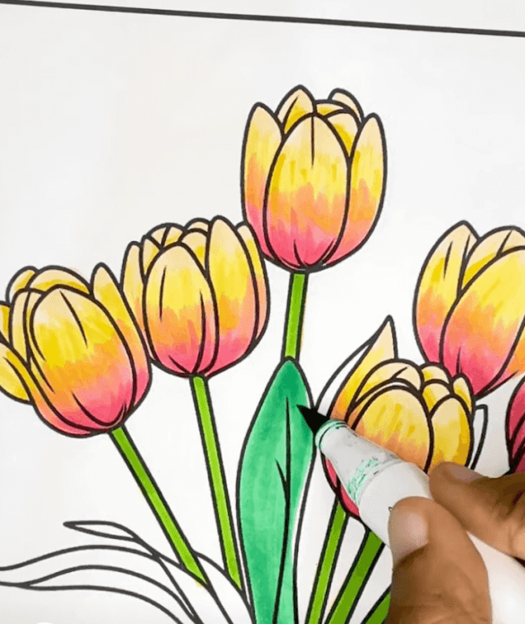 Charming Tulips Bouquet in Vase Flower Coloring Page-HowToVideo