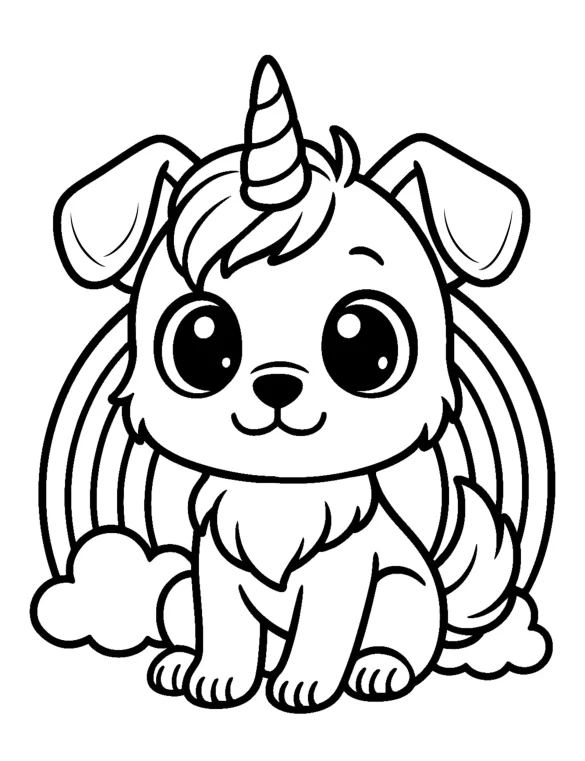 Charming Unicorn Dog Sitting Next to Rainbow Coloring Page
