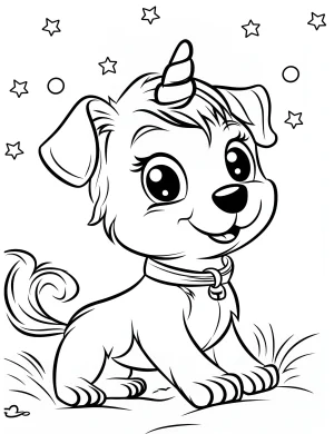Charming Unicorn Dog Surrounded by Stars Coloring Page
