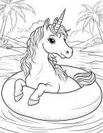 Charming Unicorn Floating on Inflatable Ring in Tropical Beach Coloring Page