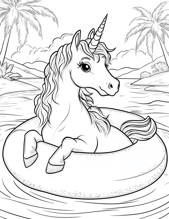 Charming Unicorn Floating on Inflatable Ring in Tropical Beach Coloring Page