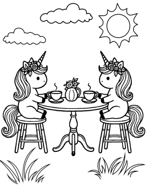 Charming Unicorn Tea Party with Bushes and Sun Coloring Page