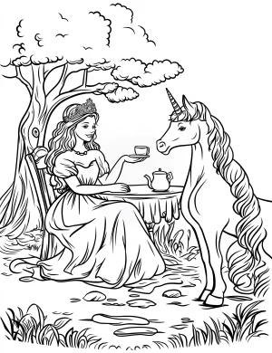 Charming Unicorn Tea Party with Princess and Tree Coloring Page
