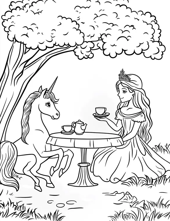 Charming Unicorn Tea Party with Princess in Enchanted Garden Coloring Page