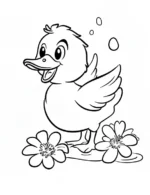 Cheerful Baby Duck with Cherry Blossoms Coloring Page