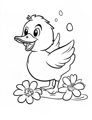 Cheerful Baby Duck with Cherry Blossoms Coloring Page